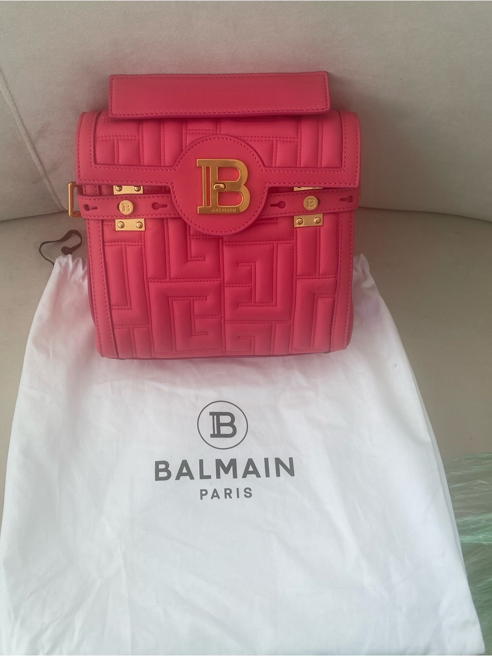 Balmain Pink Quilted Leather Mini Shoulder Bag with Gold B Emblem